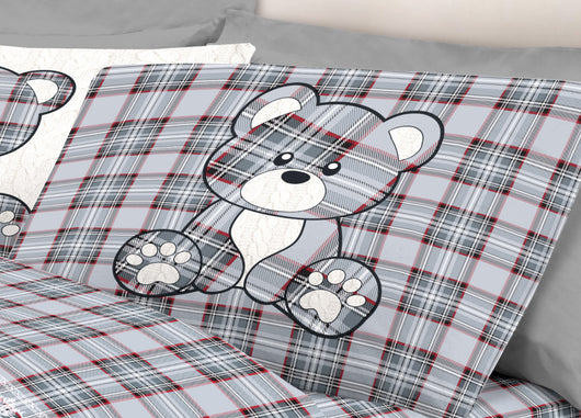 Completo Lenzuola Linea Pensieri Delicati 100% Cotone Disegno Orsetto Tartan - Piazza E Mezza - Grigio