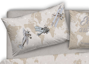 Copripiumino Sacco Piumone Pensieri Delicati Cotone Disegno Aerei - Singolo - Beige