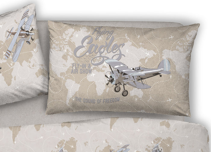 Copripiumino Sacco Piumone Pensieri Delicati Cotone Disegno Aerei - Singolo - Beige