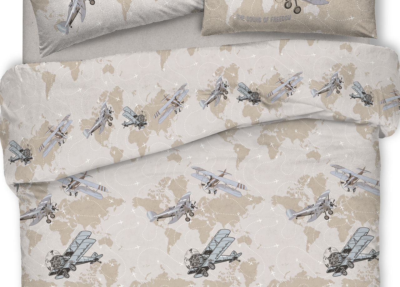 Copripiumino Sacco Piumone Pensieri Delicati Cotone Disegno Aerei - Singolo - Beige