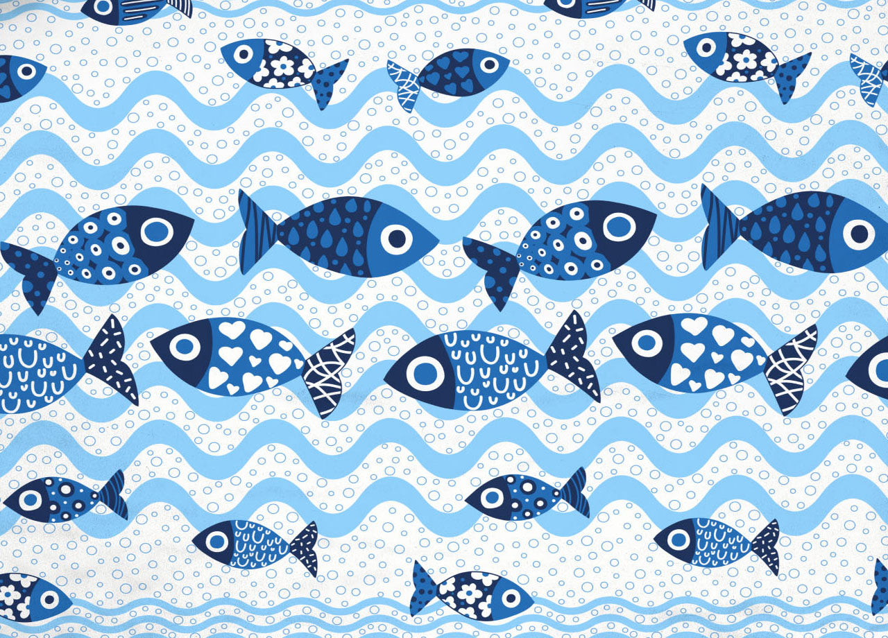 Copriletto Piquet Primavera Estate 100% Cotone Disegno Pesciolini - Matrimoniale - Blu