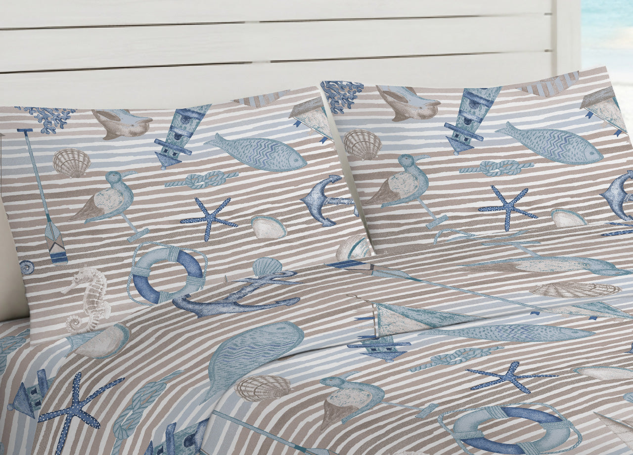 Sacco Copripiumino In 100% Cotone Made Italy Disegno Mare - Matrimoniale - Beige