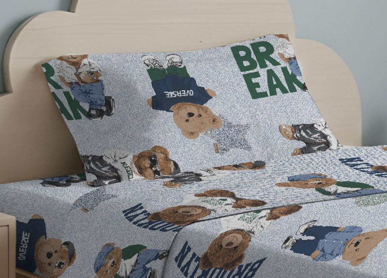 Sacco Copripiumino In 100% Cotone Made Italy Disegno Teddy - Singolo - Azzurro