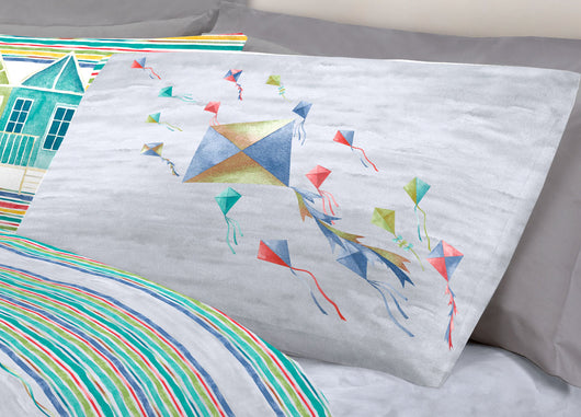 Completo Lenzuola Letto Pensieri Delicati 100% Cotone Dis. Aquiloni - Matrimoniale - Grigio