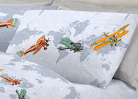 Completo Lenzuola Linea Pensieri Delicati 100% Cotone Disegno Aerei - Piazza E Mezza - Grigio