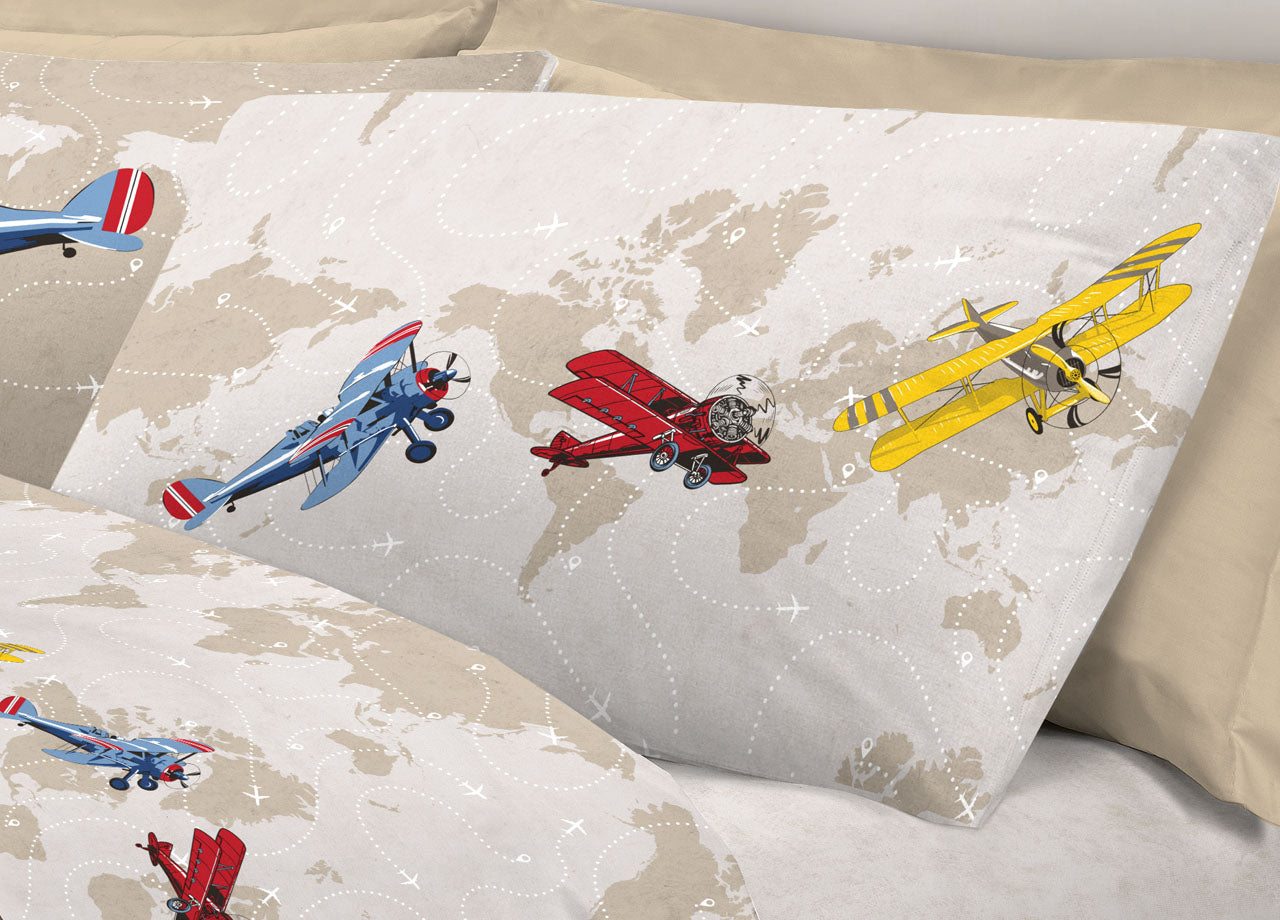 Completo Lenzuola Linea Pensieri Delicati 100% Cotone Disegno Aerei - Piazza E Mezza - Rosso