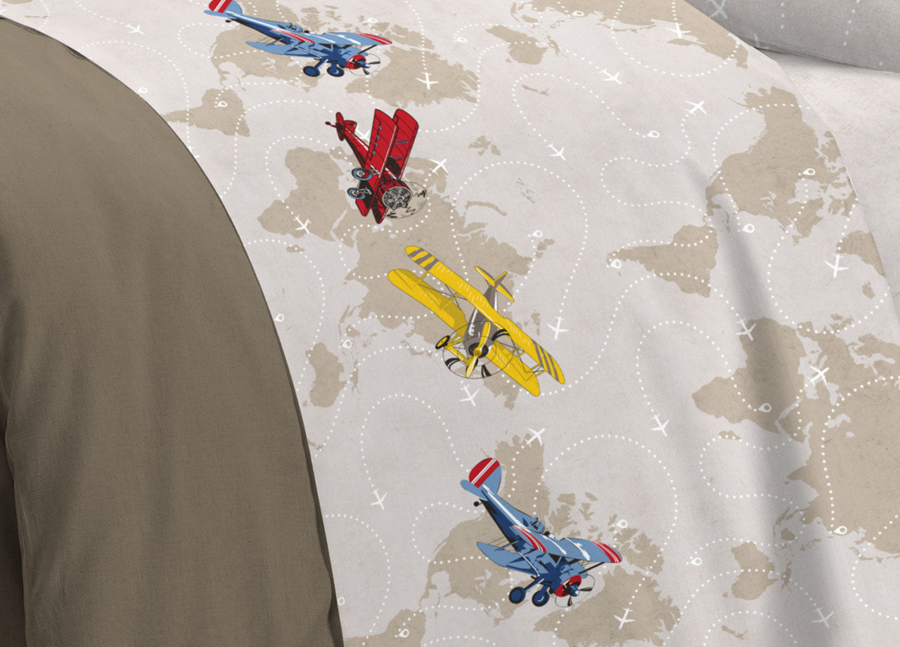 Completo Lenzuola Linea Pensieri Delicati 100% Cotone Disegno Aerei - Piazza E Mezza - Rosso