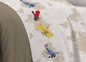 Completo Lenzuola Linea Pensieri Delicati 100% Cotone Disegno Aerei - Piazza E Mezza - Rosso