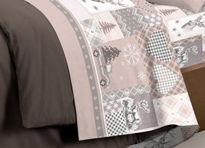 Completo Lenzuola Pensieri Delicati 100% Cotone Disegno Alpi - Singolo - Beige