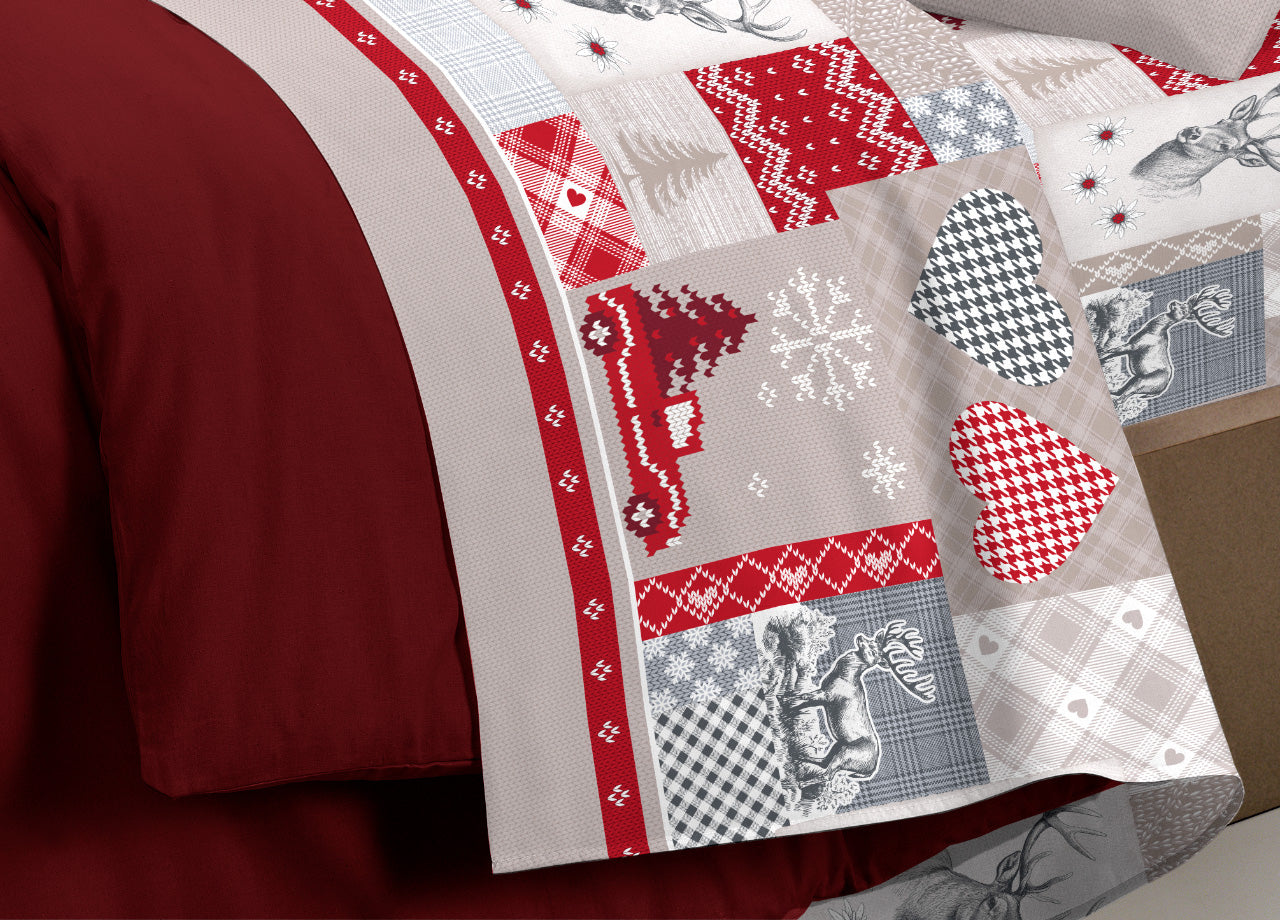 Completo Lenzuola Pensieri Delicati 100% Cotone Disegno Alpi - Singolo - Rosso