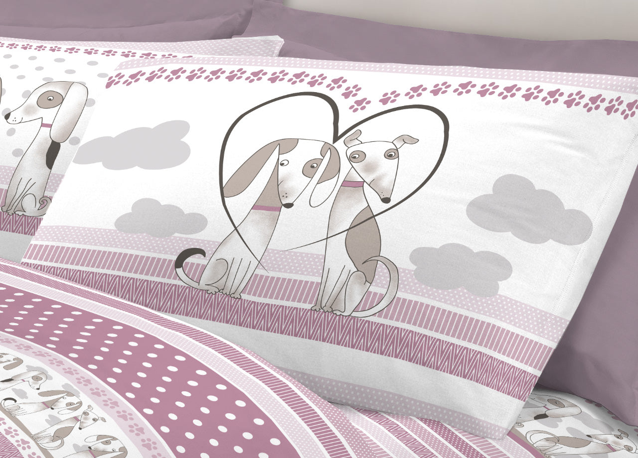 Completo Lenzuola Letto Pensieri Delicati 100% Cotone Dis. Bau Bau - Piazza E Mezza - Rosa