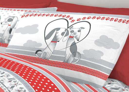 Completo Lenzuola Letto Pensieri Delicati 100% Cotone Dis. Bau Bau - Piazza E Mezza - Rosso