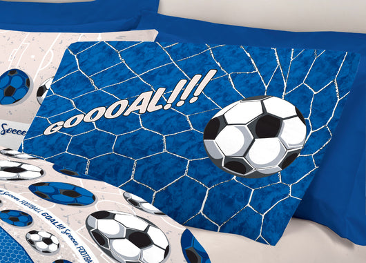 Completo Lenzuola Linea Pensieri Delicati 100% Cotone Disegno Calcio - Matrimoniale - Blu
