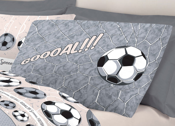 Completo Lenzuola Linea Pensieri Delicati 100% Cotone Disegno Calcio - Piazza E Mezza - Grigio