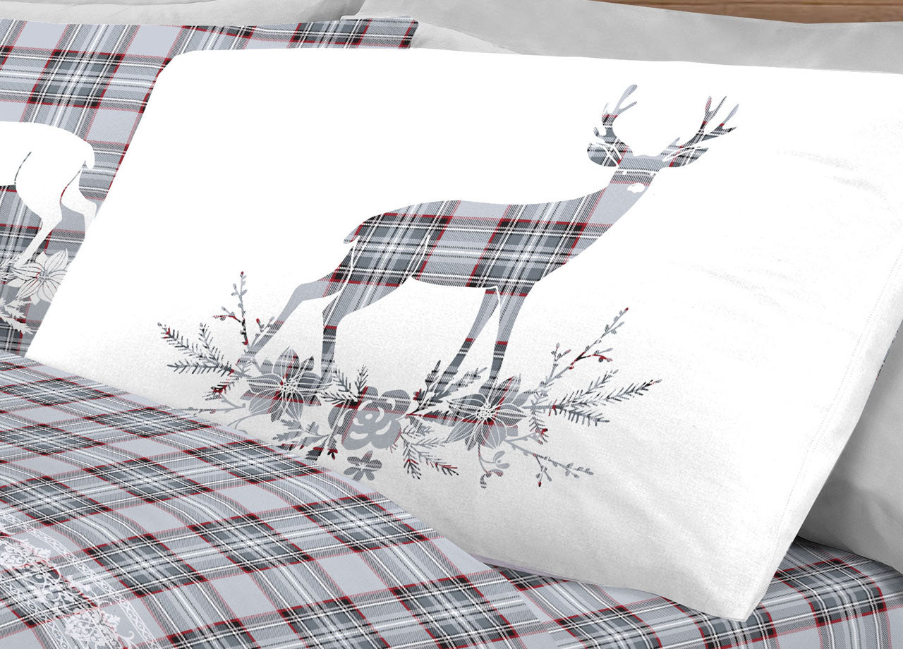Copripiumino Sacco Piumone Pensieri Delicati 100% Cotone Dis. Cervo Tartan - Singolo - Grigio