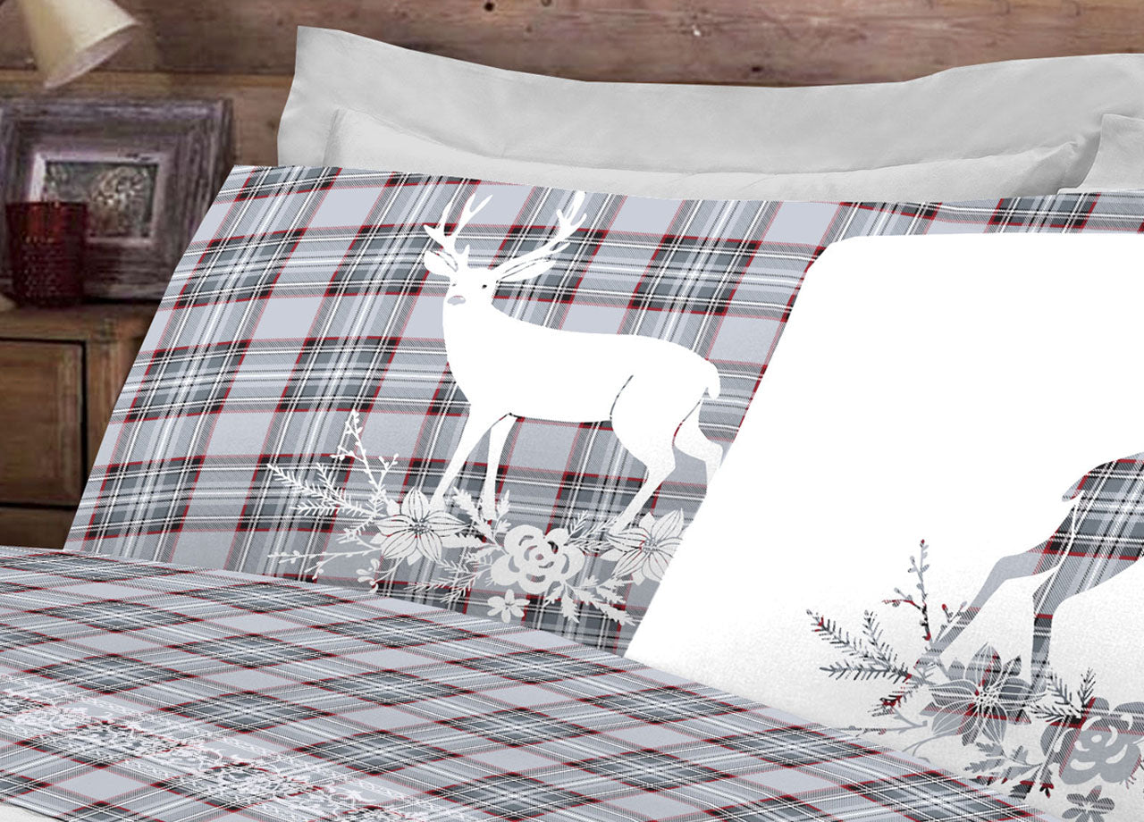 Copripiumino Sacco Piumone Pensieri Delicati 100% Cotone Dis. Cervo Tartan - Singolo - Grigio