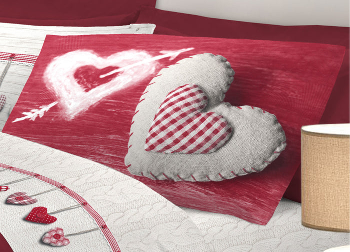 Completo Lenzuola Linea Pensieri Delicati 100% Cotone Disegno Cuore Appeso - Piazza E Mezza - Rosso