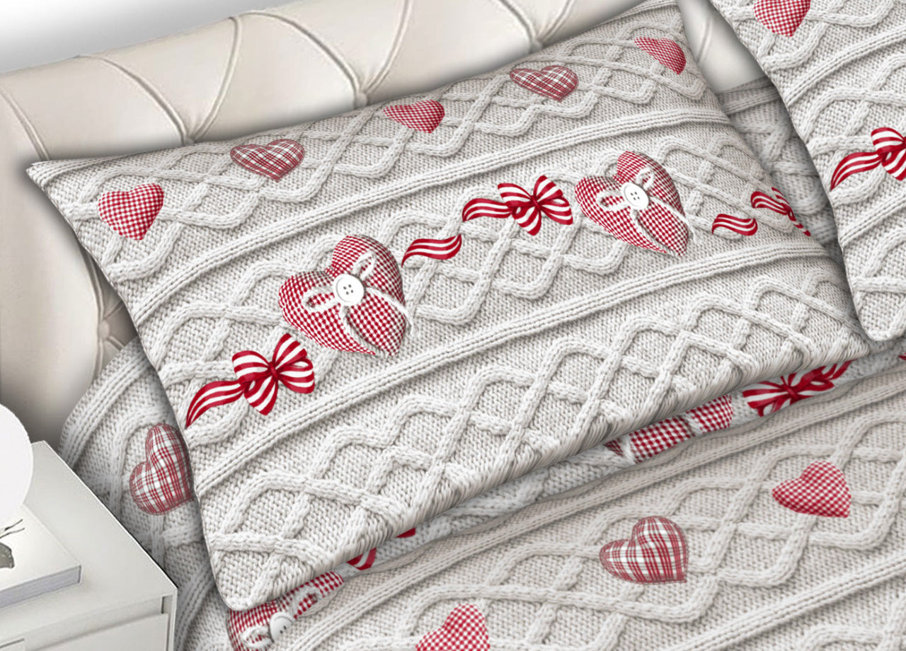 Completo Lenzuola Letto 100% Cotone Made Italy Disegno Cuori CN - Piazza e Mezza - Cuori