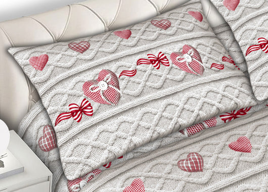Completo Lenzuola Letto 100% Cotone Made Italy Disegno Cuori CN - Piazza e Mezza - Cuori