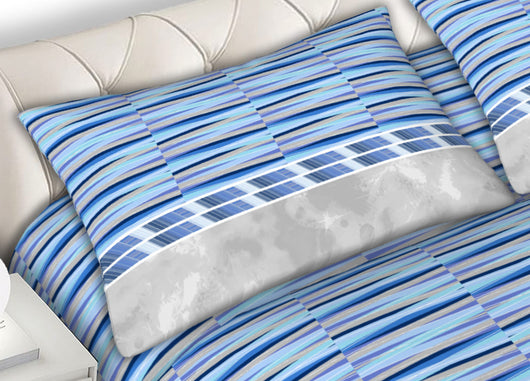 Completo Lenzuola 100% Cotone Made Italy Disegno Flow - 1 Piazza e Mezza - Azzurro