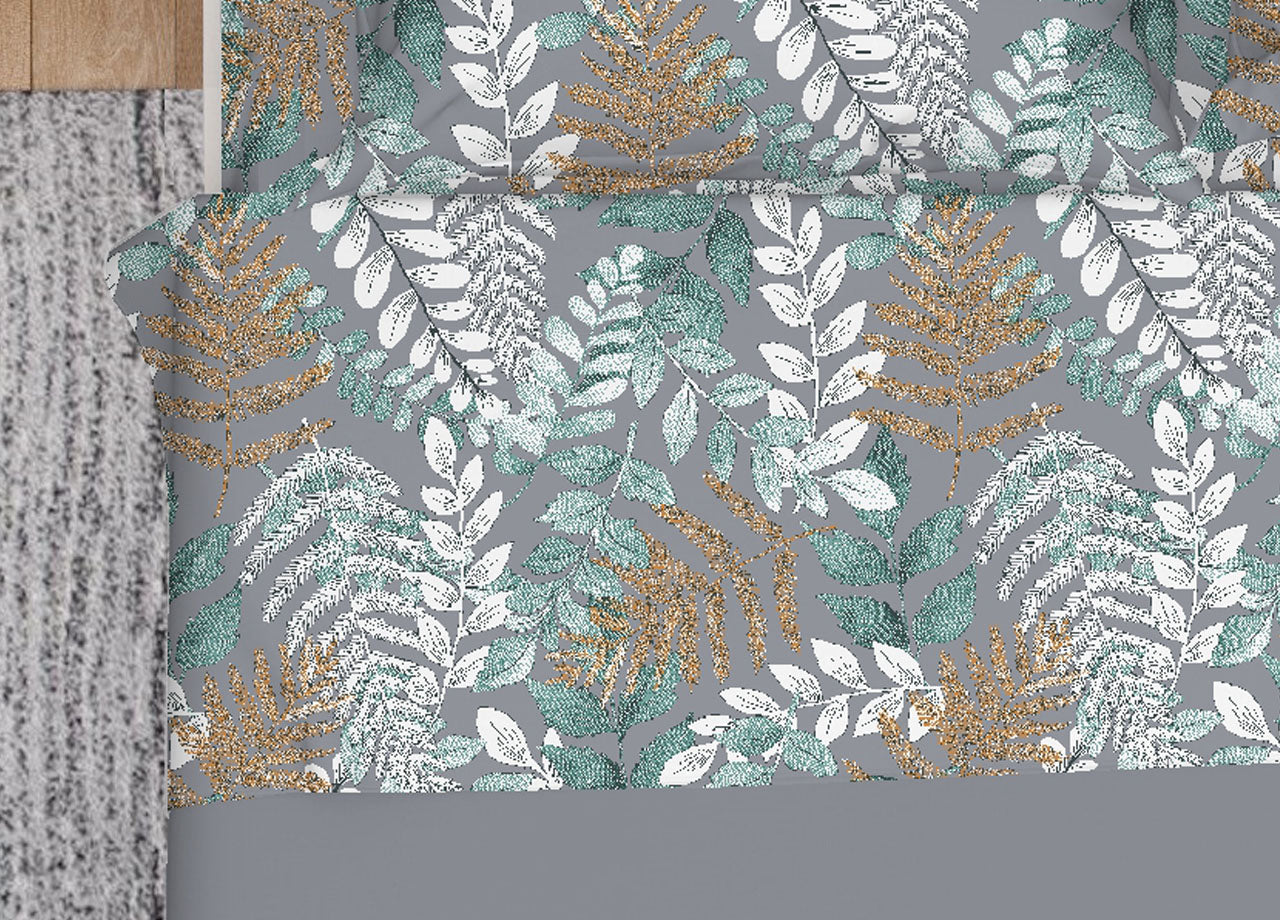 Completo Lenzuola In 100% Cotone Made Italy Disegno Foglie Botanico - Maxi - Foglie