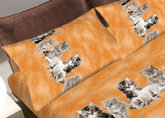 Completo Lenzuola Letto In 100% Cotone Made In Italy Vari Disegni C.N - Piazza E Mezza - Gattini Arancio
