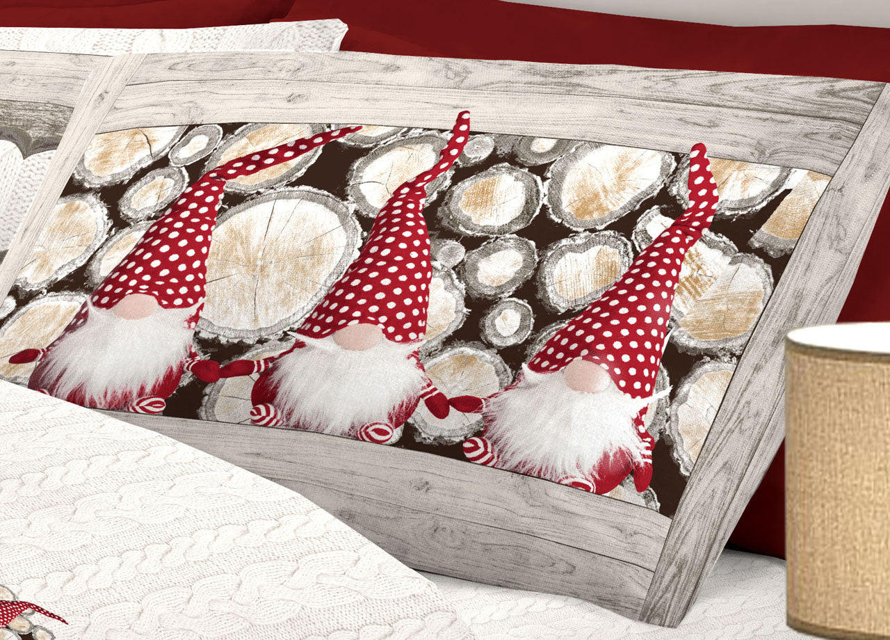 Completo Lenzuola Flanella Pensieri Delicati 100% Cotone Disegno Gnomi - Piazza E Mezza - Rosso