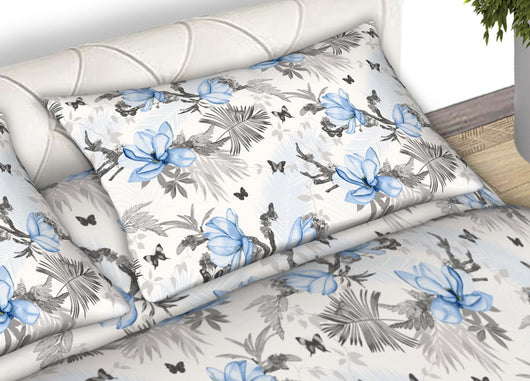 Completo Lenzuola Matrimoniale 100% Cotone Made Italy Disegno Leaves CN - Matrimoniale - Azzurro