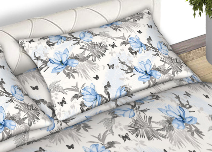 Completo Lenzuola Matrimoniale 100% Cotone Made Italy Disegno Leaves CN - Matrimoniale - Azzurro