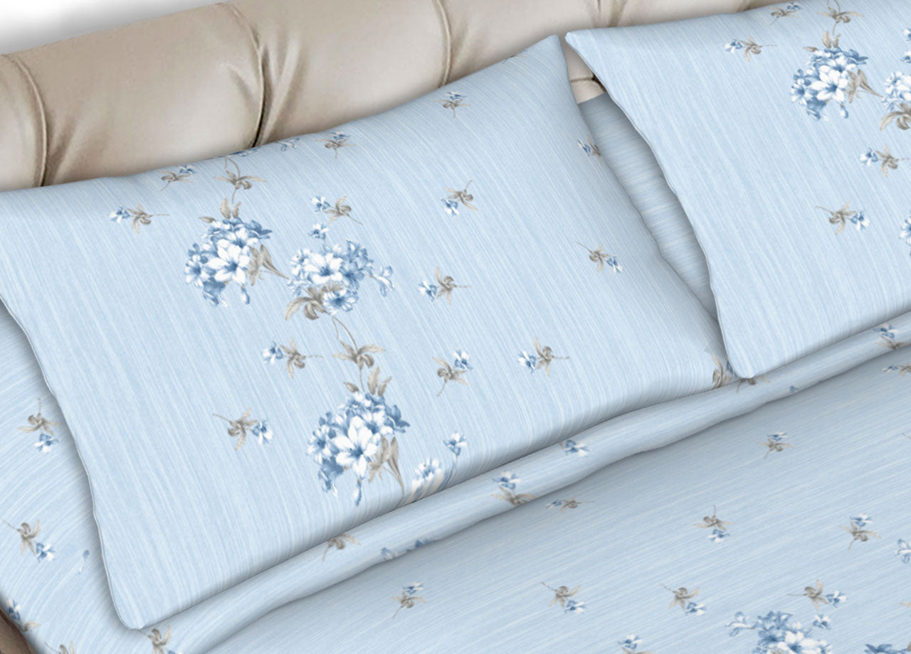 Completo Lenzuola Letto In 100% Cotone Made In Italy Vari Disegni C.N - Piazza E Mezza - Linda Azzurro