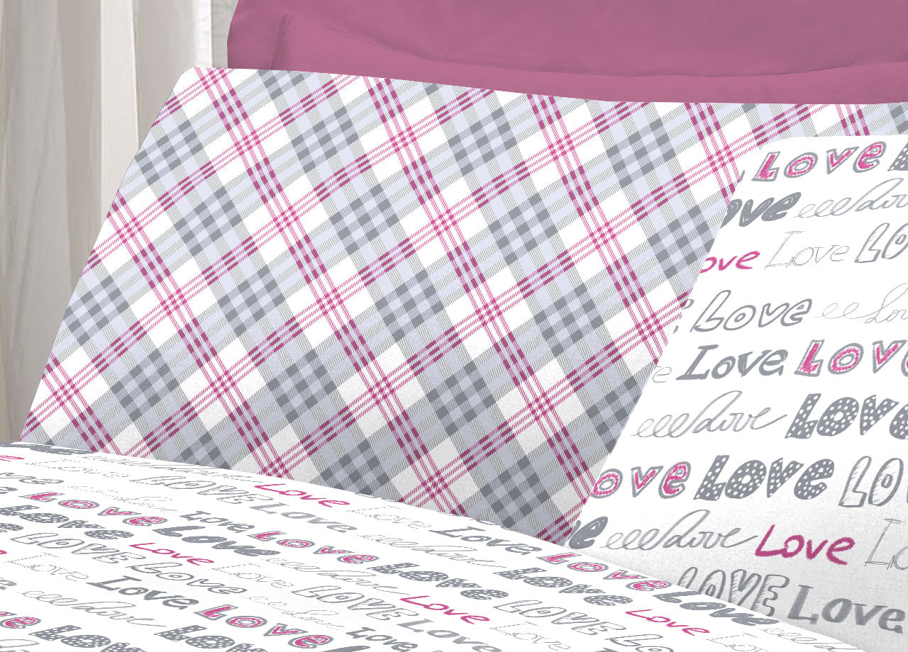 Completo Lenzuola Letto Linea Young 100% Cotone Disegno Love Love - Singolo - Rosa