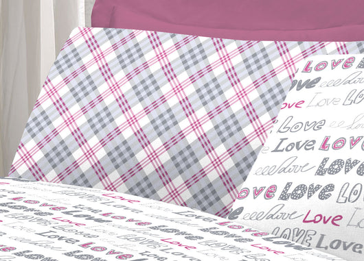 Completo Lenzuola Letto Linea Young 100% Cotone Disegno Love Love - Singolo - Rosa