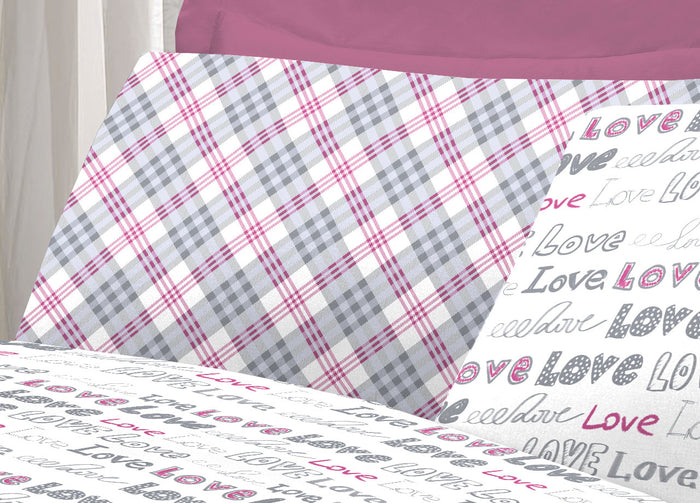 Completo Lenzuola Letto Linea Young 100% Cotone Disegno Love Love - Singolo - Rosa