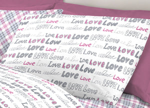 Completo Lenzuola Letto Linea Young 100% Cotone Disegno Love Love - Singolo - Rosa