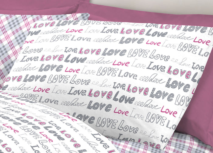 Completo Lenzuola Letto Linea Young 100% Cotone Disegno Love Love - Singolo - Rosa