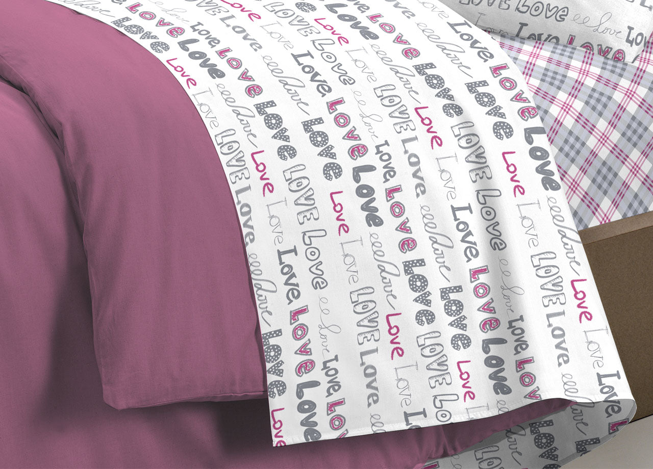 Completo Lenzuola Letto Linea Young 100% Cotone Disegno Love Love - Singolo - Rosa