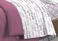 Completo Lenzuola Letto Linea Young 100% Cotone Disegno Love Love - Singolo - Rosa