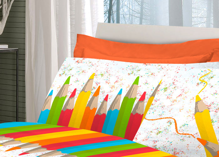 Completo Lenzuola Linea Pensieri Delicati 100% Cotone Disegno Matitoni - Matrimoniale - Multicolor