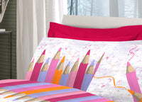 Completo Lenzuola Linea Pensieri Delicati 100% Cotone Disegno Matitoni - Piazza E Mezza - Rosa