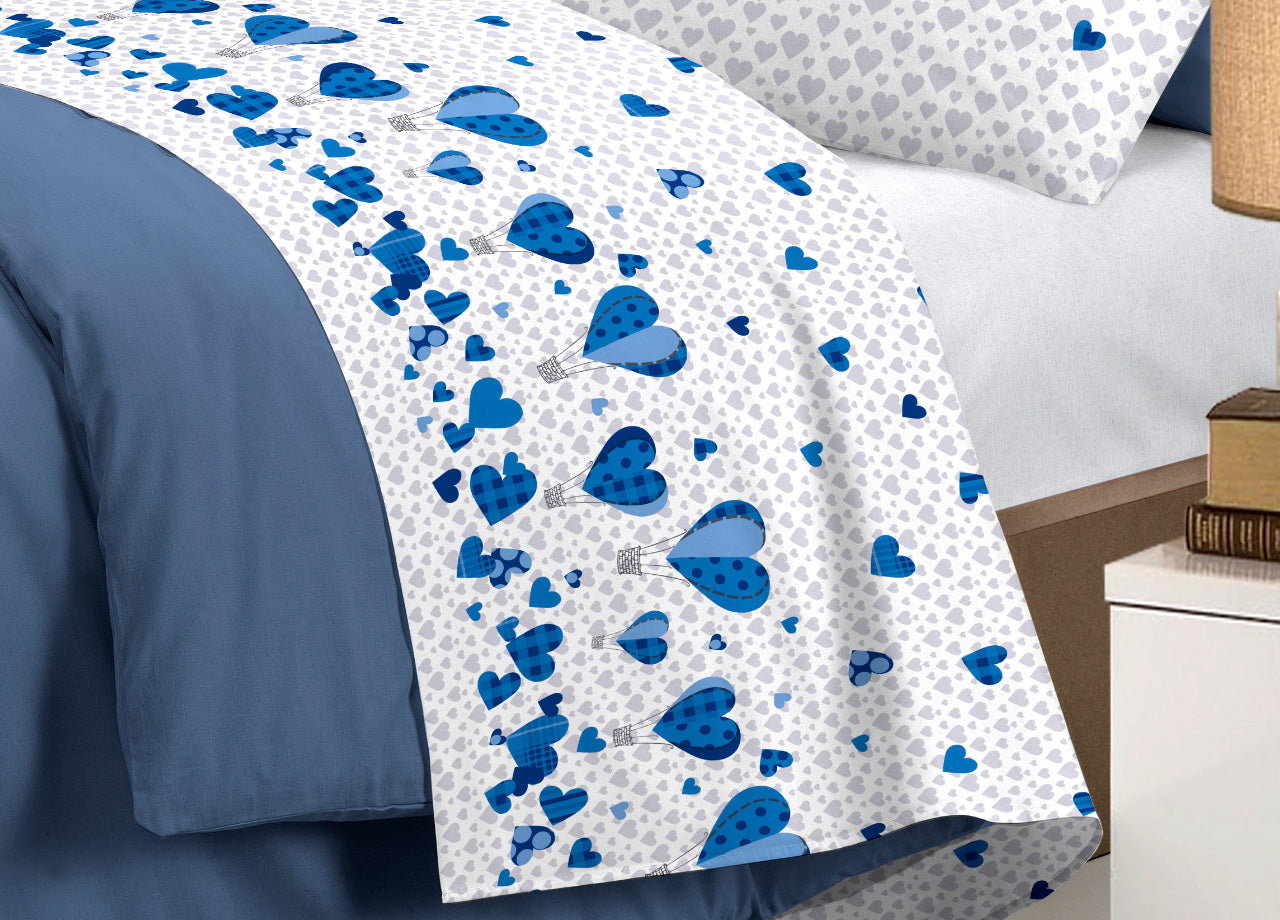 Completo Lenzuola Linea Pensieri Delicati 100% Cotone Disegno Mongolfiera - Singolo - Blu