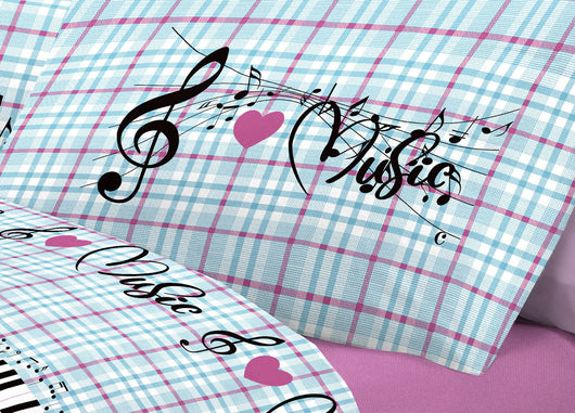 Completo Lenzuola Linea Pensieri Delicati 100% Cotone Disegno Musica - Singolo - Rosa