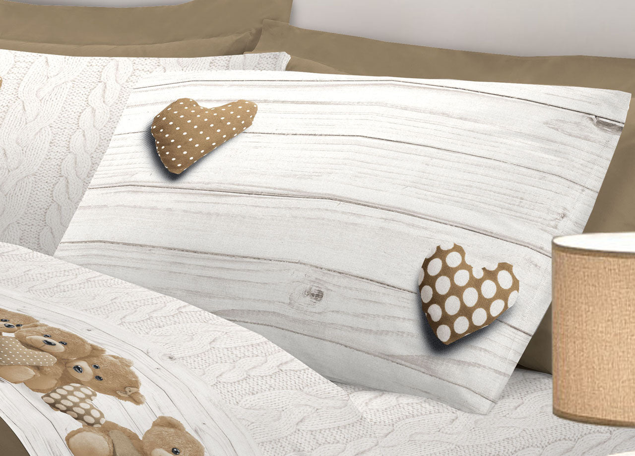 Completo Lenzuola Linea Pensieri Delicati 100% Cotone Disegno New Orsetti - Singolo - Beige