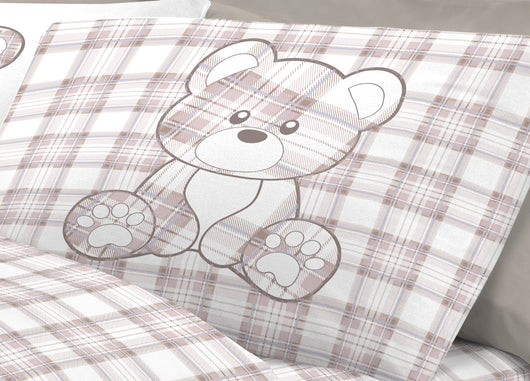 Completo Lenzuola Linea Pensieri Delicati 100% Cotone Orsetto Tartan Primavera - Matrimoniale - Beige
