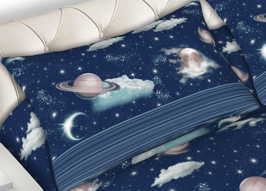 Completo Lenzuola Letto 100% Cotone Made Italy Disegno Planet CN - Piazza e Mezza - Planet