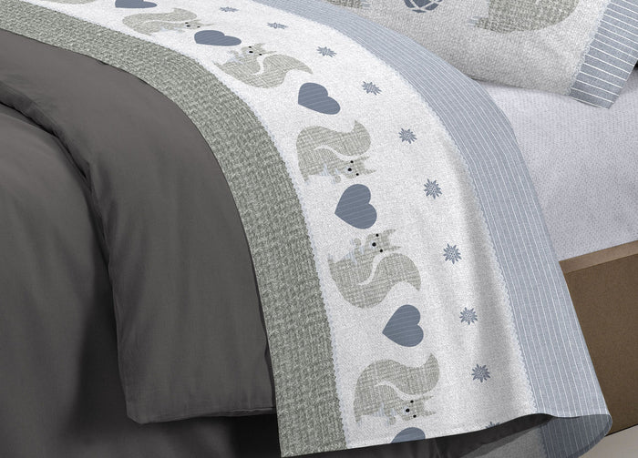 Completo Lenzuola Linea Pensieri Delicati 100% Cotone Disegno Scoiattolo - Piazza E Mezza - Grigio