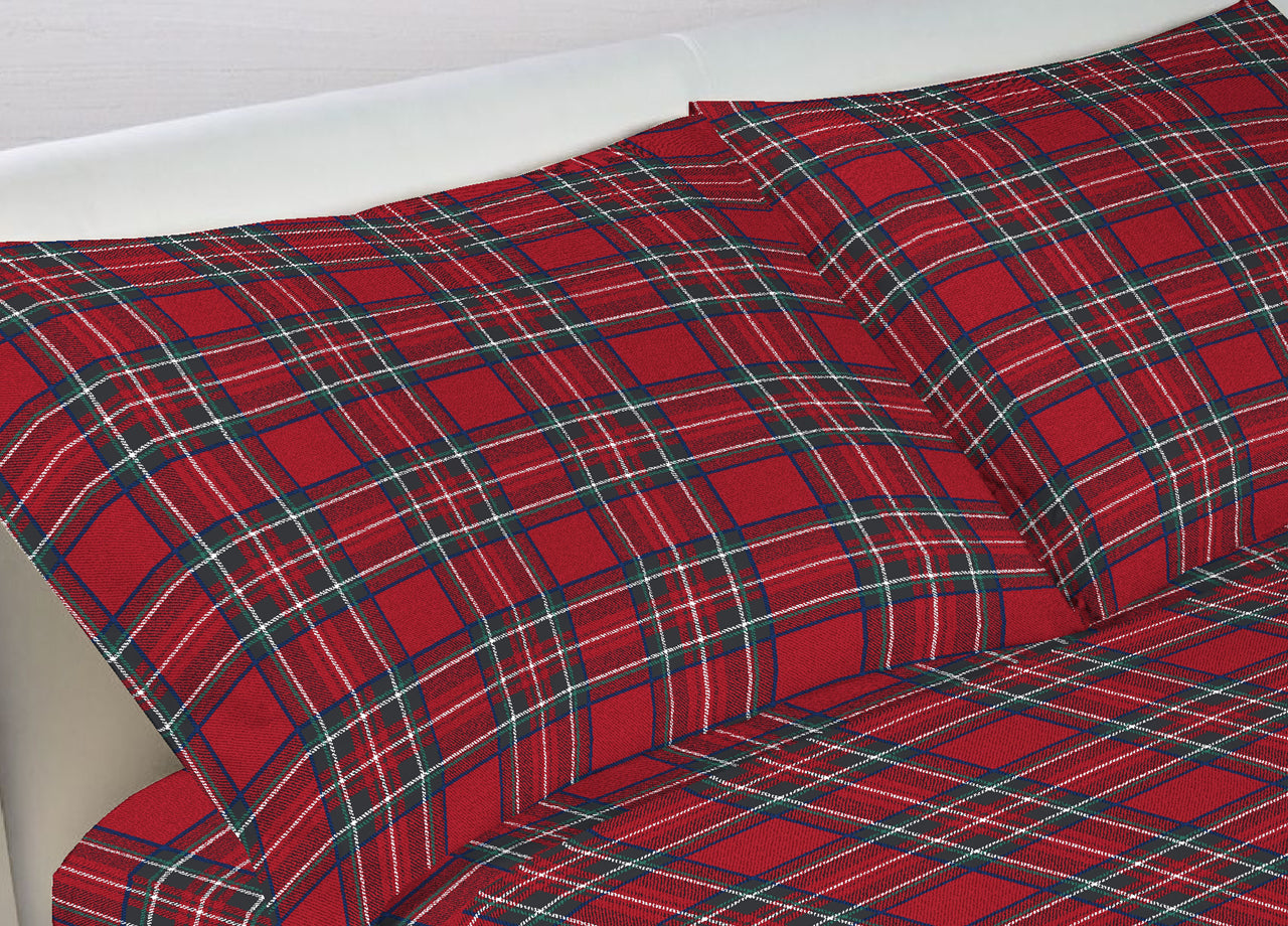 Completo Lenzuola In 100% Cotone Made In Italy Dis Scozzese Kilt - Maxi - Rosso