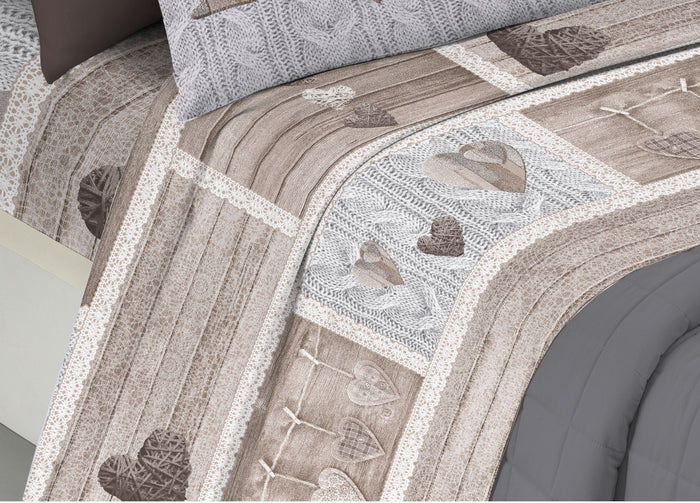 Completo Lenzuola Linea Pensieri Delicati 100% Cotone Disegno Shabby Love - Matrimoniale - Beige