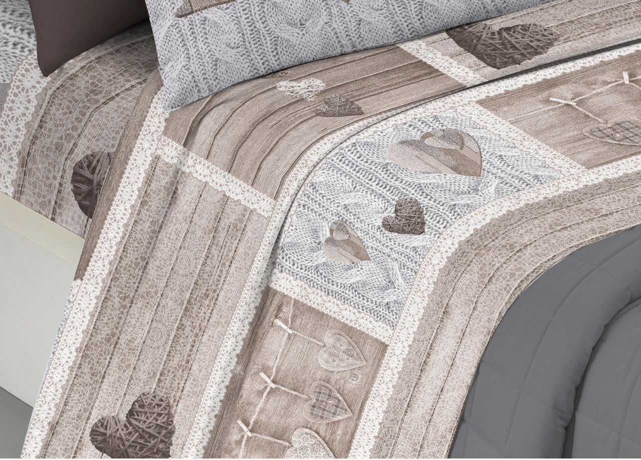 Completo Lenzuola Linea Pensieri Delicati 100% Cotone Disegno Shabby Love - Singolo - Beige