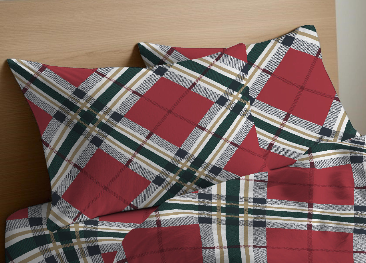 Completo Lenzuola Letto In 100% Cotone Disegno Tartan - Singolo - Tartan