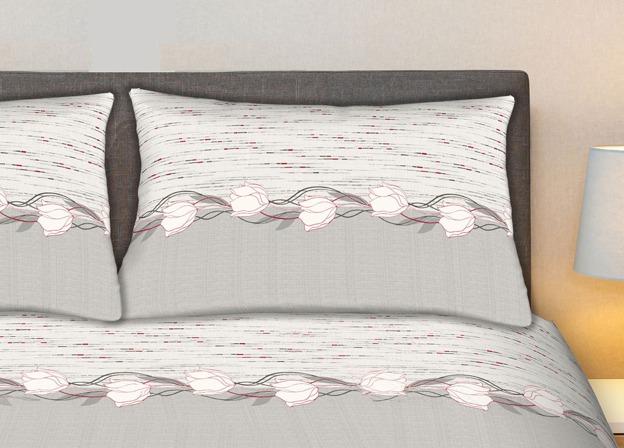 Completo Lenzuola Stiro Facile 100% Cotone Made Italy Effetto Seta Disegno Tulip - Matrimoniale - Grigio
